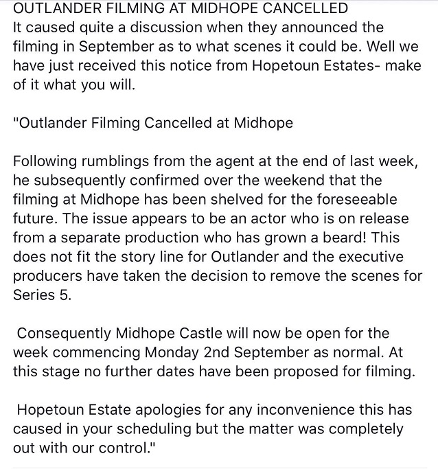 Midhope Filming Cancelled