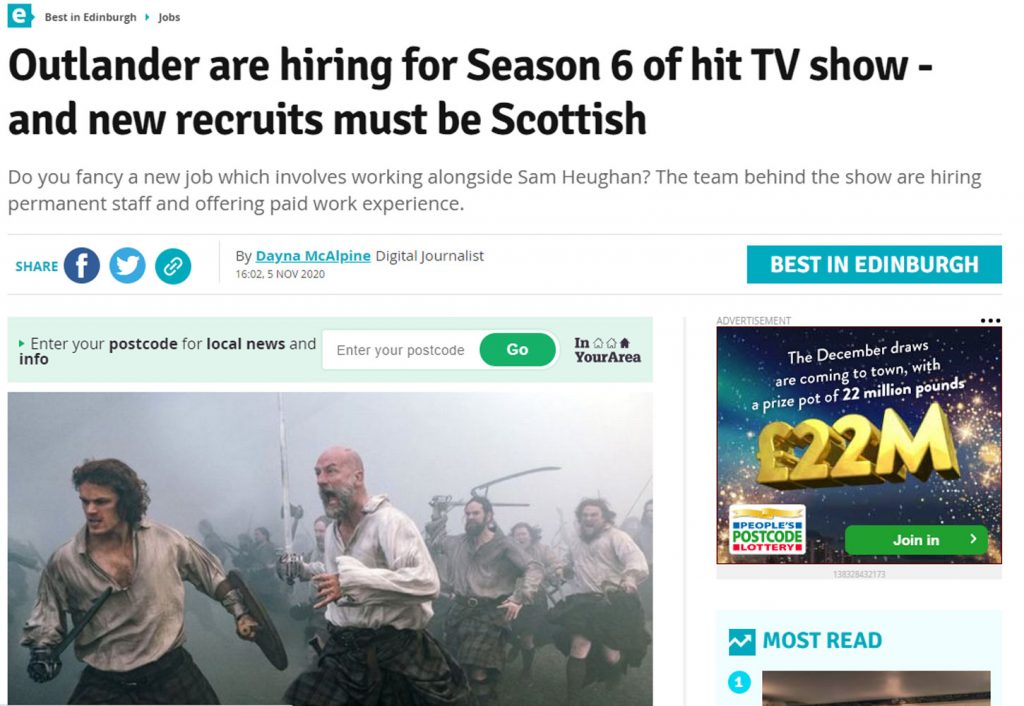 Outlander hiring for season 6 - Edinburgh Live